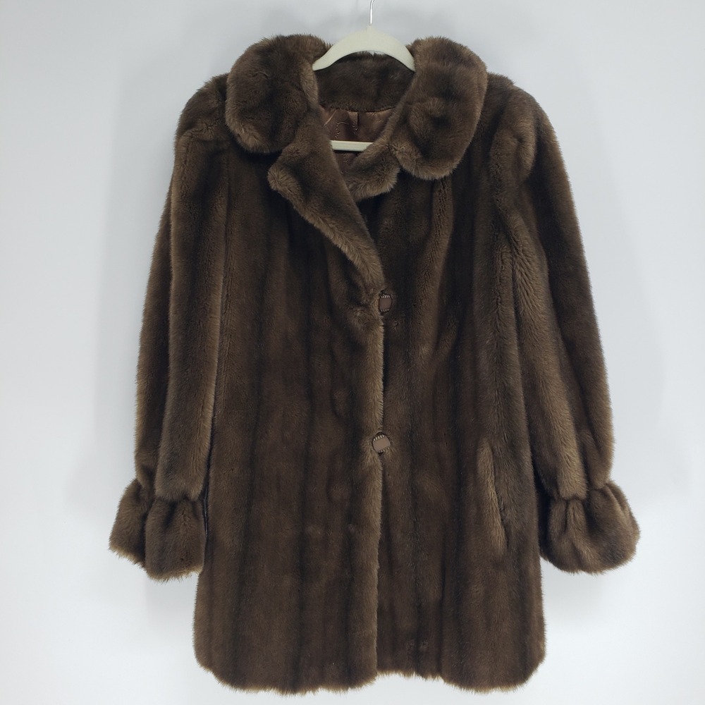 Vintage 70s Tissavel Brown Mink Faux Fur Coat Women Size L France Glam Luxe